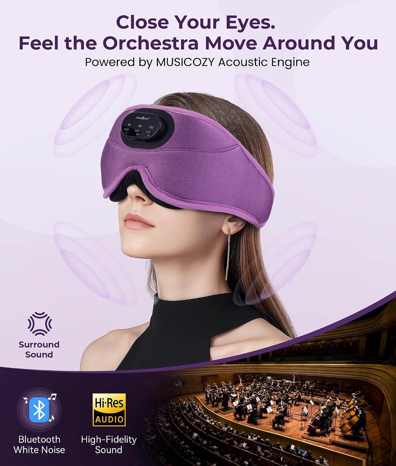 MUSICOZY Sleep Headphones Bluetooth 5.4 with Smart Timer 3D Eye Mask | Auto Shut Off Timer, 14-Hour Playtime, 100% Blackout, Removable Module Washable Design for Sleeping Travel and Meditation