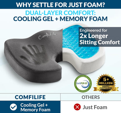 ComfiLife Doctor Recommended Seat Cushion - Premium Gel & Memory Foam Office Chair, Car Seat, Lifting Cushion - Chair Cushions for Back & Sciatica Relief - Seat Cushions for Office & Desk (Black)