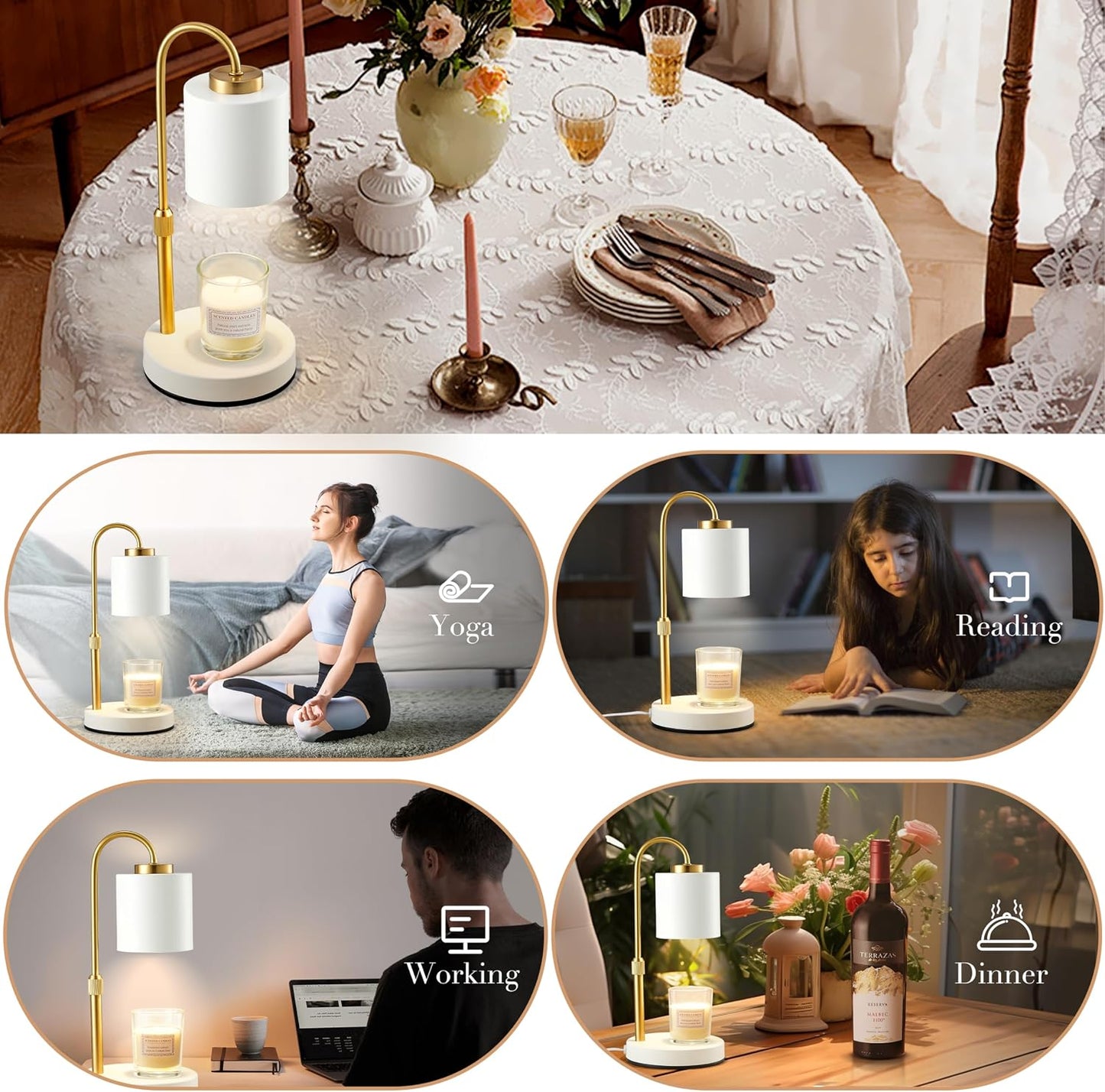 CASTLELIFE Candle Warmer Lamp with Timer & Dimmer, Height Adjustable Electric Wax Melt Warmer for Jar Candles, Gifts for Mom Home Decor, White