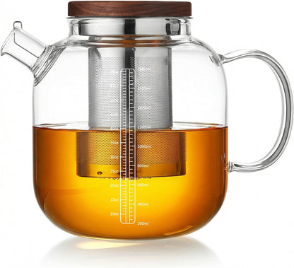 Glass Teapot with Infuser and Lid, 61oz/1.8L Large Borosilicate Glass Tea Pot with Removable Stainless Steel Strainer, Heat-Resistant Handle, Stovetop Safe Tea Kettle for Loose Leaf, Blooming Tea