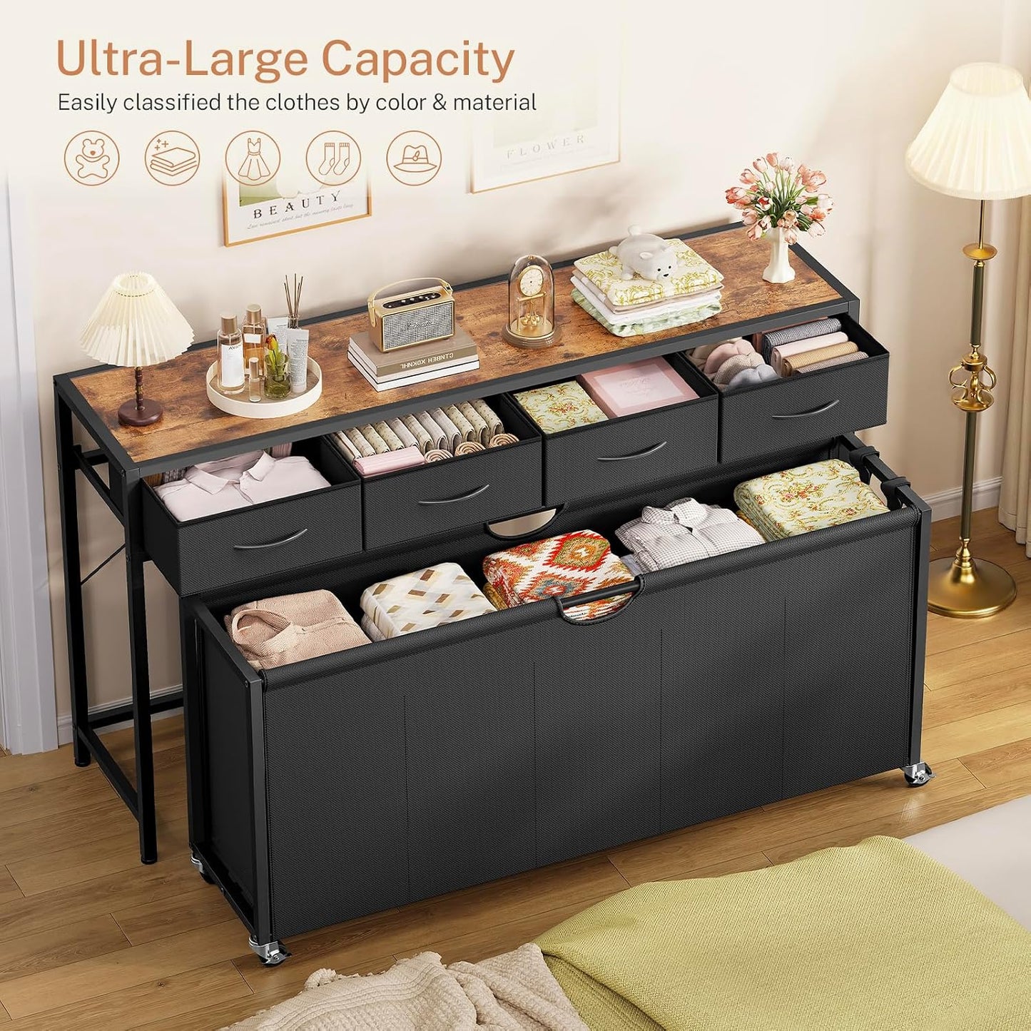 Laundry Sorter, Rolling Laundry Hamper with 3 Section Pull-Out Bags, Laundry Basket Organizer with 2 Drawers & 2-Tone Top Panel, Laundry Hamper with Wheels for Laundry Room Organization, Bathroom
