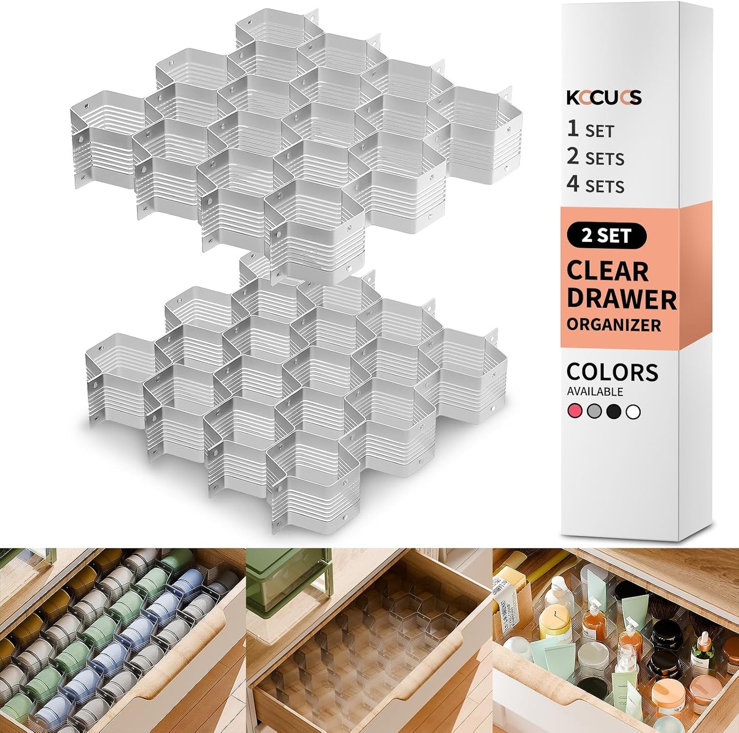 Honeycomb Separator Adjustable Drawer Organizer Divider for Underwear Belt-Scarf Socks Organizer (White(2pcs))