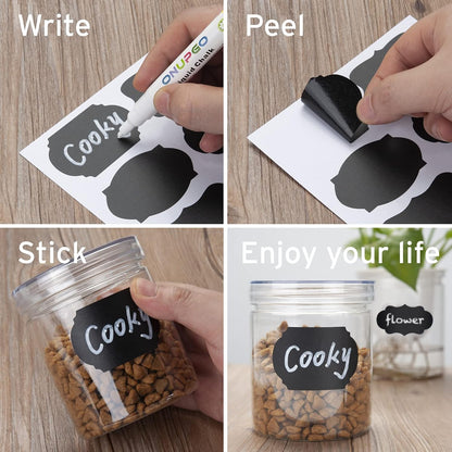 ONUPGO Chalkboard Labels Stickers Bulk - 196 Reusable Chalk Sticker Labels with Erasable Chalk Maker, Removable Waterproof Blackboard Labels for Containers, Glass, Mason Jar Labels | Removable, Waterproof, Reusable Chalk Labels, For Storage Bins & Food