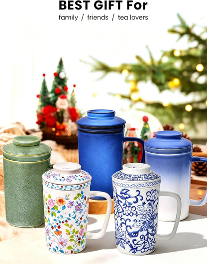 Ceramic Tea Mug with Infuser and Lid,16oz Porcelain Loose Leaf Tea Cup with Large Handle,Metal-Free Filter,Microwave &Dishwasher Safe,Perfect for Tea,Coffee (Sage Green)