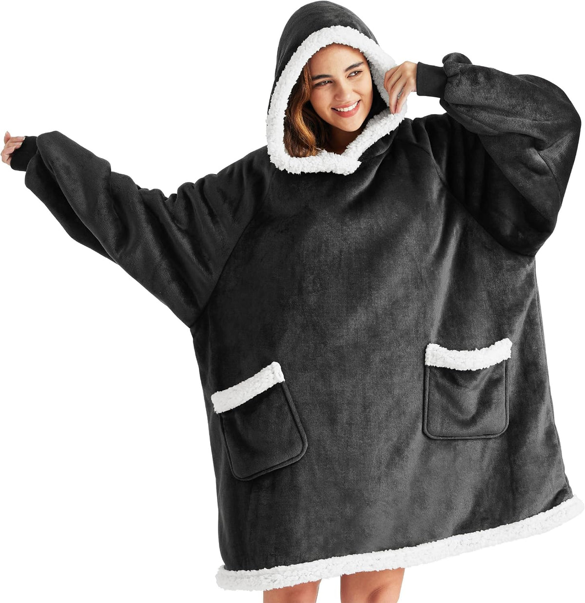 Bedsure Wearable Blanket Sherpa Hoodie Gifts, Sweatshirt, Grey, Standard