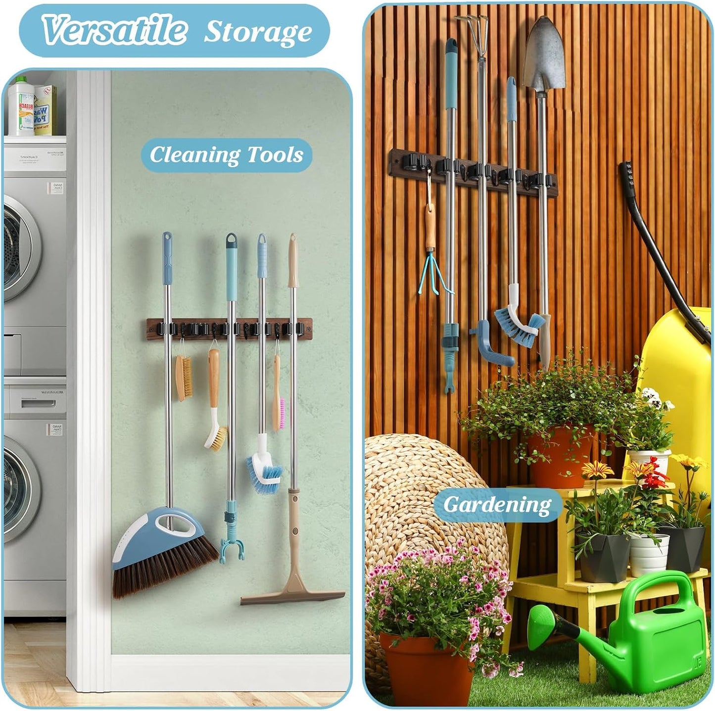 White Broom Holder Wall Mount - Heavy Duty Wood Mop and Broom Organizer with 5 Slots & 4 Hooks - Garden Tool Hanger for Laundry Room Closet Kitchen Garage Storage and Organization - Modern Home Decor