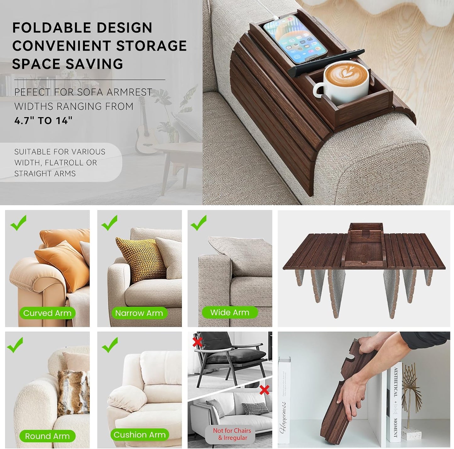 GEHE Bamboo Couch Cup Holder, Anti-Spill Sofa Arm Tray, Natural and Easy to Clean Couch Arm Cup Holder Armrest Tray Perfect for Cups, Beers, Snacks, Remote Control, Drinks
