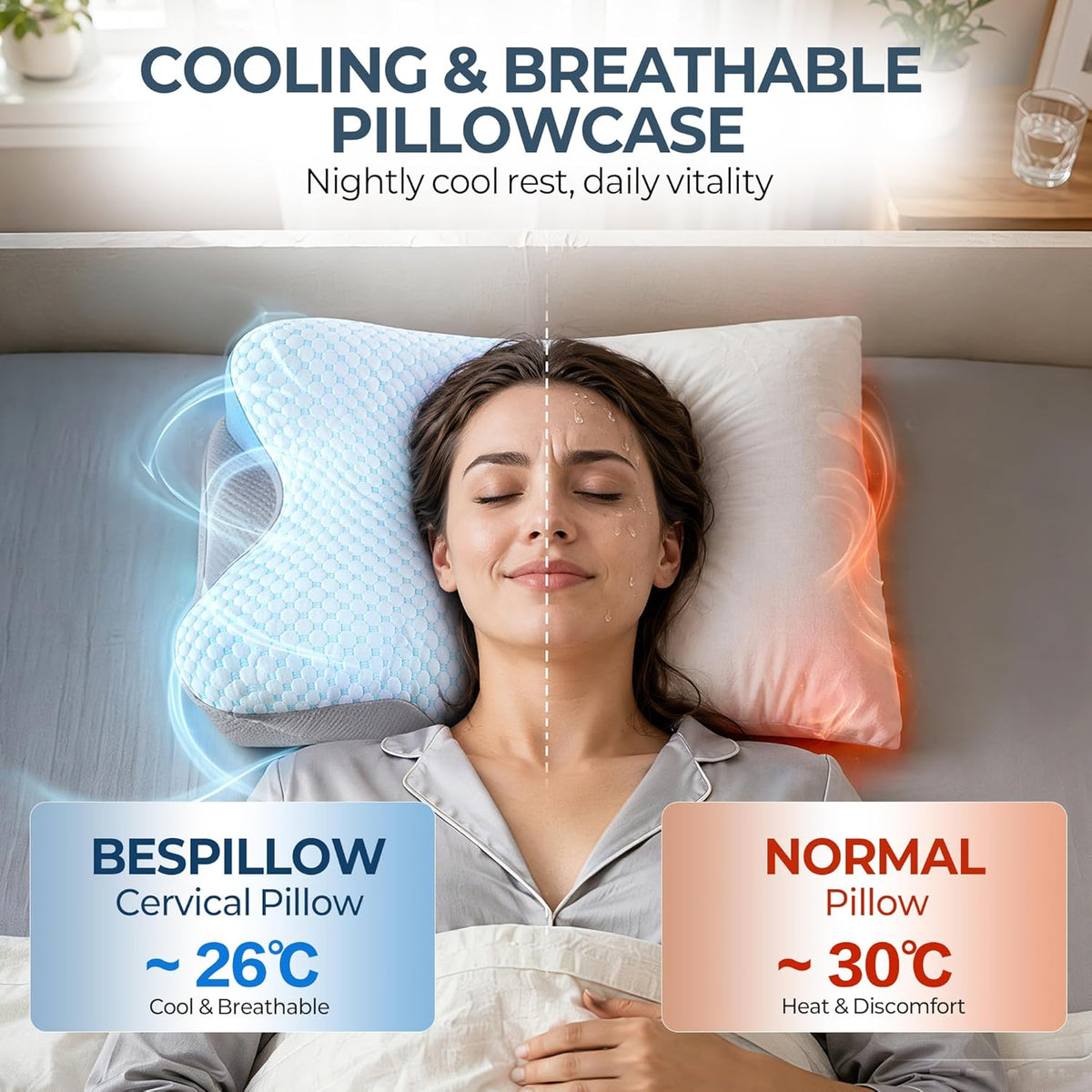 Cervical Pillow for Neck Pain Relief, Ergonomic Neck Pillow for Sleeping, Contour Side Sleeper Pillow for Neck Support, Orthopedic Cooling Memory Foam Pillows for Back Stomach Sleepers (Blue)