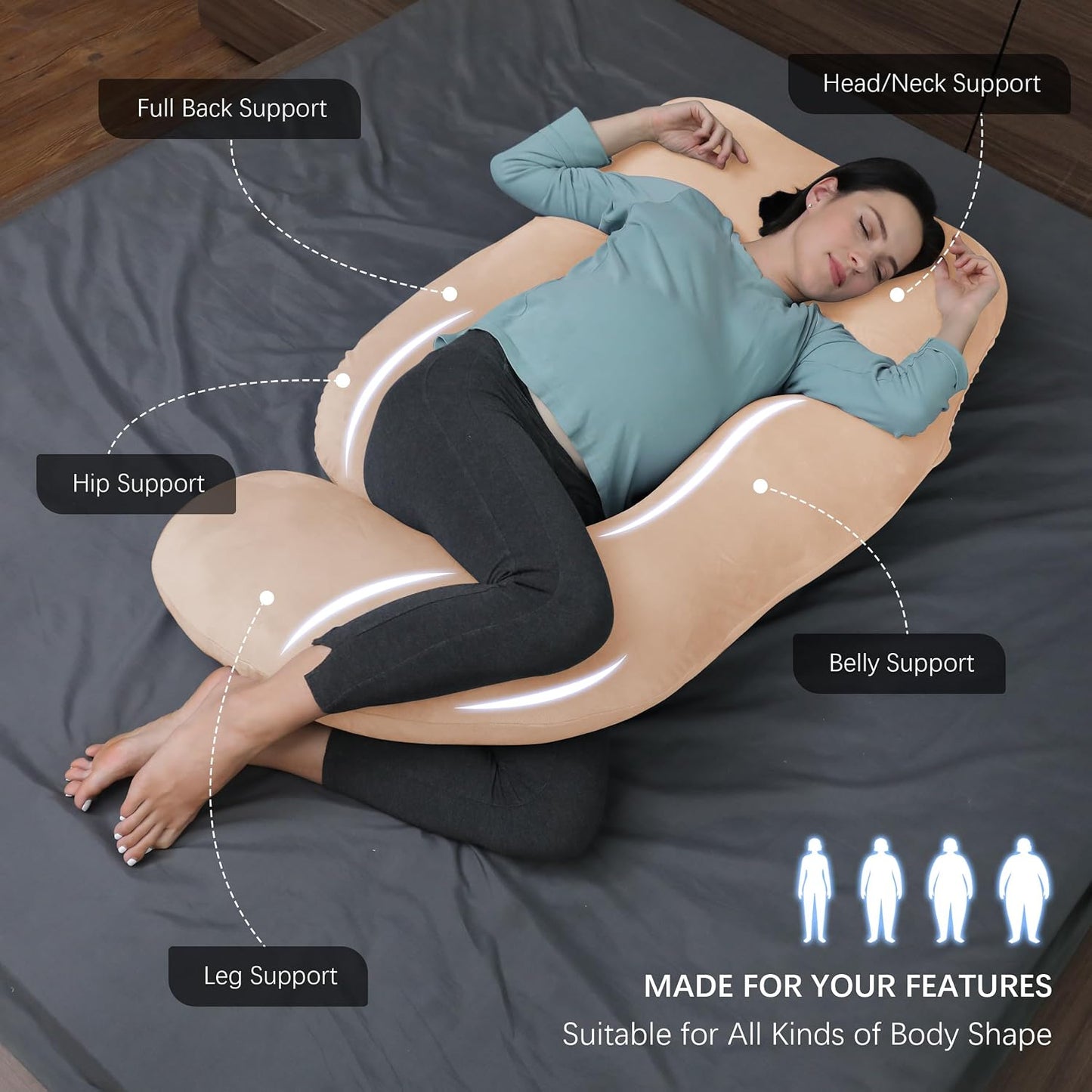 MOON PARK Pregnancy Pillows for Sleeping - 57 Inch U Shaped Full Body Maternity Pillow with Removable Cover - Support for Back, Legs, Belly, Hips - Pregnancy Pillow for Women - Grey