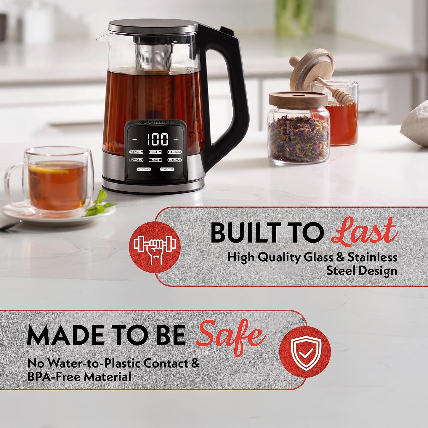 Gourmia Electric Glass Kettle – 1.7L Programmable Tea & Coffee Brewer with Digital Touch Display, 6 Presets, Removable Stainless Steel Infuser, Cordless with 360° Swivel Base, Black