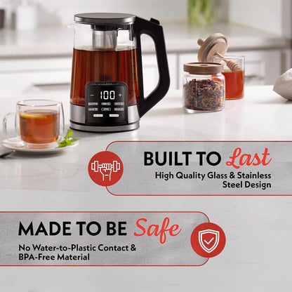 Gourmia Electric Glass Kettle – 1.7L Programmable Tea & Coffee Brewer with Digital Touch Display, 6 Presets, Removable Stainless Steel Infuser, Cordless with 360° Swivel Base, Black