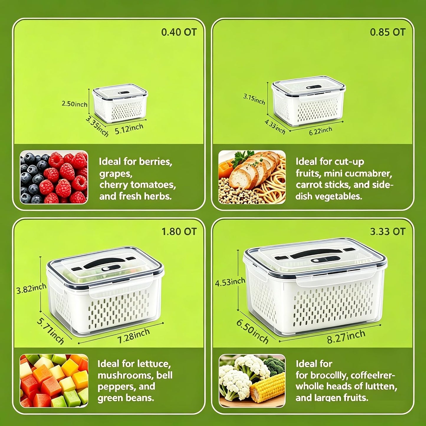 4 PCS Fruit Storage Containers for Fridge,Leakproof Produce Containers | Saver For Fridge with Removable Colander &Vent Lids,Microwave/Dishwasher Safe,Keeps Berries,Lettuce & Salad Fresh