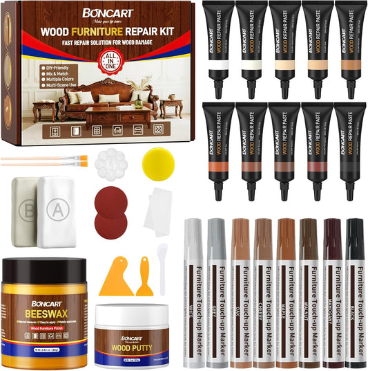 Boncart Wood Furniture Repair Kit-Set of 31 | With Wood Putty, 10-Color Fillers, 8-Color Touch-Up Markers, Epoxy Putty and Beeswax, for Scratches, Cracks and Holes Repair