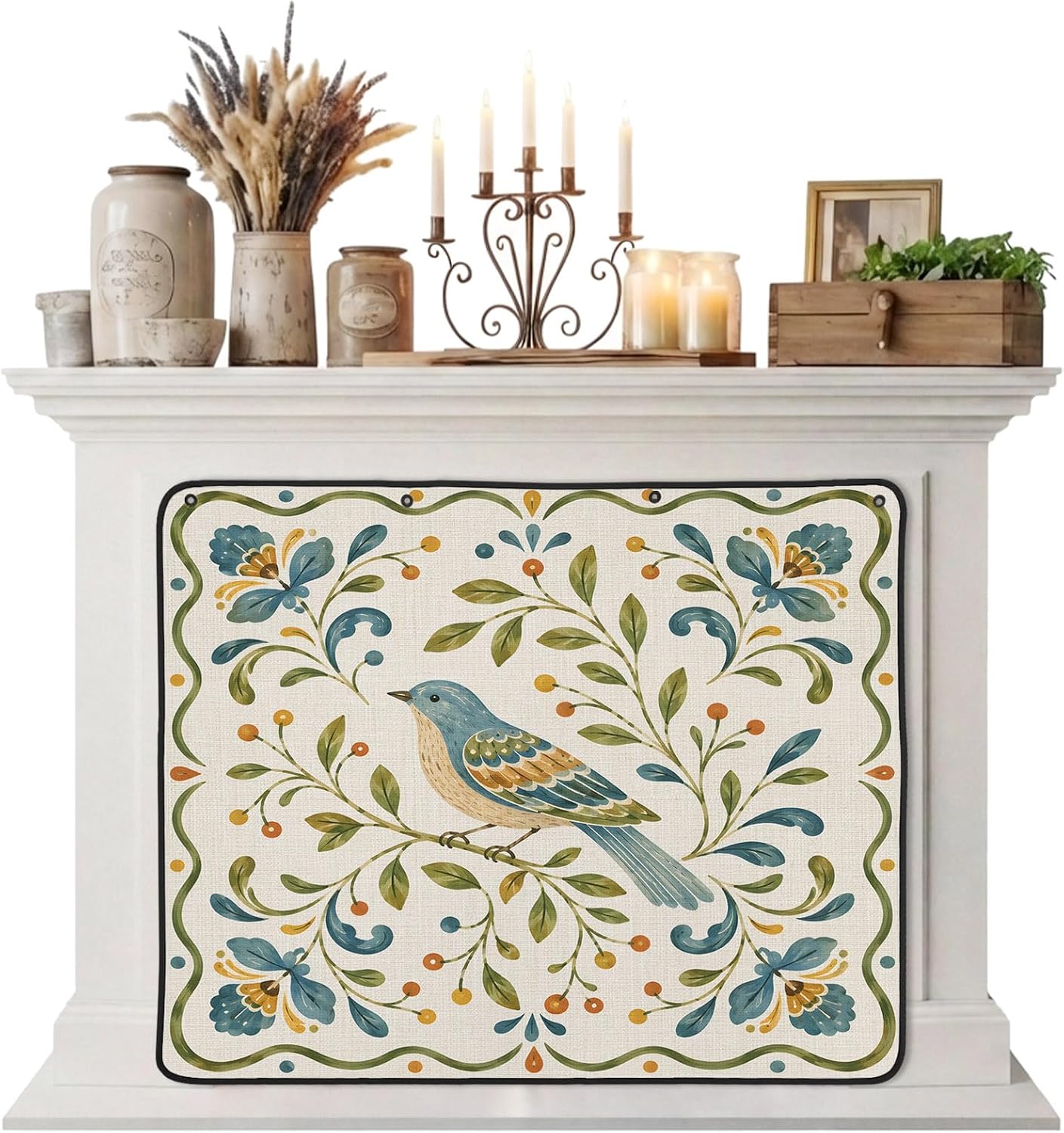 Magnetic Fireplace Cover Bird Branches Fireplace Screen Decorative Green Leaves Frame Insulation Fireplace Blocker Blanket Save Energy Fireplace Draft Stopper Covers for Living Room 45x34 Inch