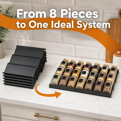 8 Pack Expandable Spice Drawer Organizer Tray Insert for Kitchen | Holds 32 jars, 4 tier steps, tool-free assembly, easy clean surface