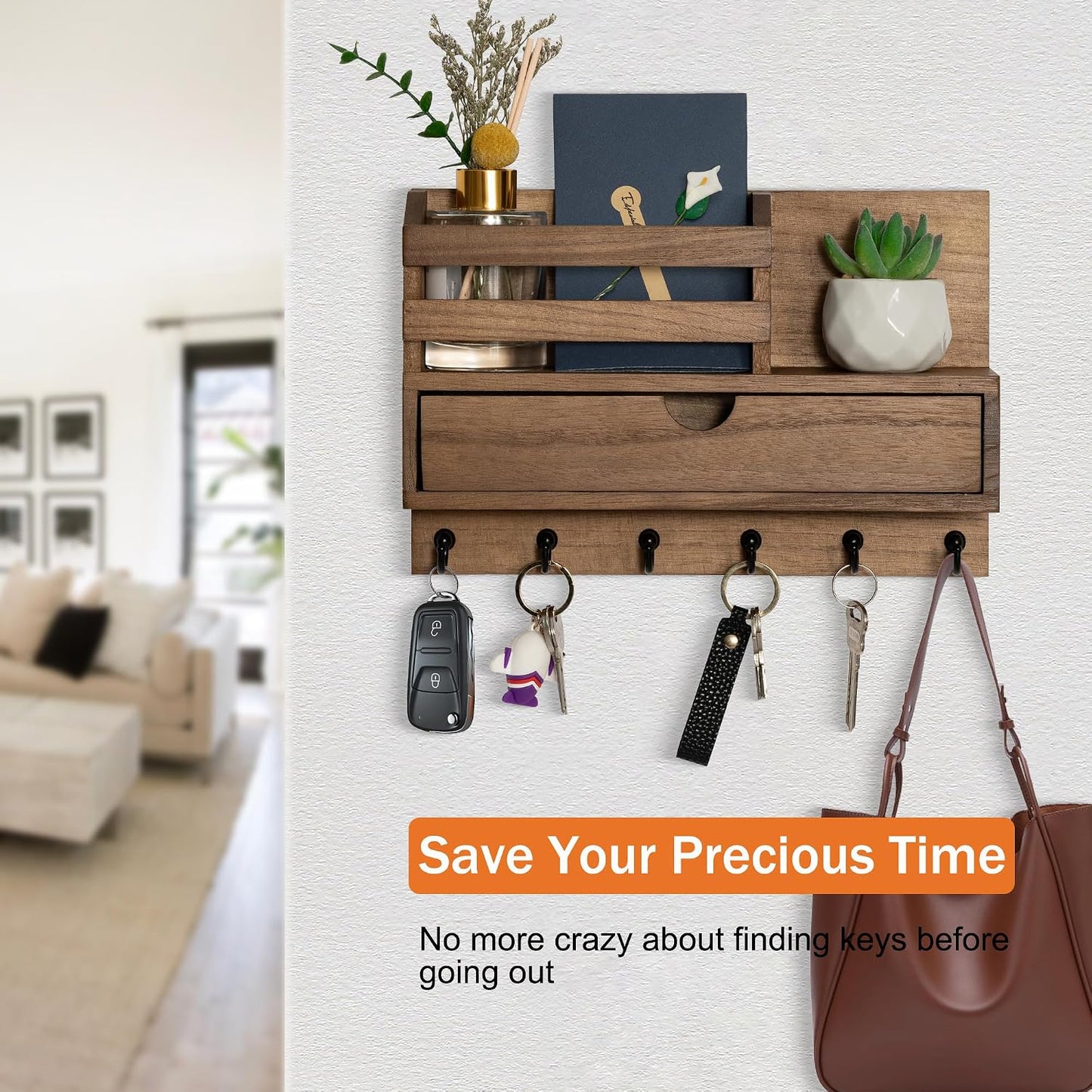 dreampossible Key and Mail Holder for Wall, Mail Organizer Wall Mount with 6 Hooks and Storage Drawer, Wooden Key Rack Hanger with Shelf for Entryway and Home Decor
