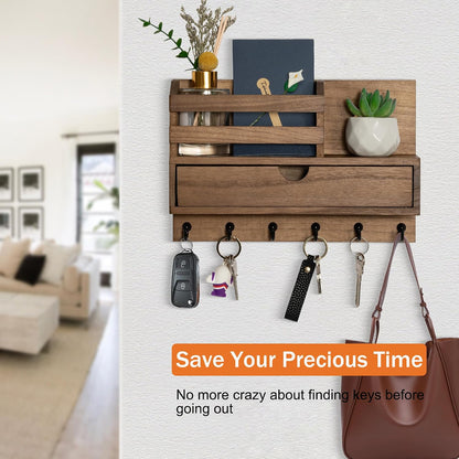 dreampossible Key and Mail Holder for Wall, Mail Organizer Wall Mount with 6 Hooks and Storage Drawer, Wooden Key Rack Hanger with Shelf for Entryway and Home Decor