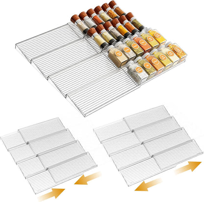 16 Pack Acrylic Drawer Seasoning Organizer, Expandable From 11''-22'' | Tiered Clear Spice Tray, Adjustable In Drawer Spice Organizer for Spices, Condiment, Nail Polish and Jar Organization
