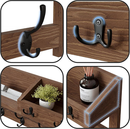 AMBIRD Wall Hooks with Shelf, 26.57 Inch Entryway Wood Coat Hooks for Wall with Shelf, Coat Rack Wall Mount with 5 Dual Hooks 3 Key Hooks Mail Organizer and Key Rack Holder (Brown)