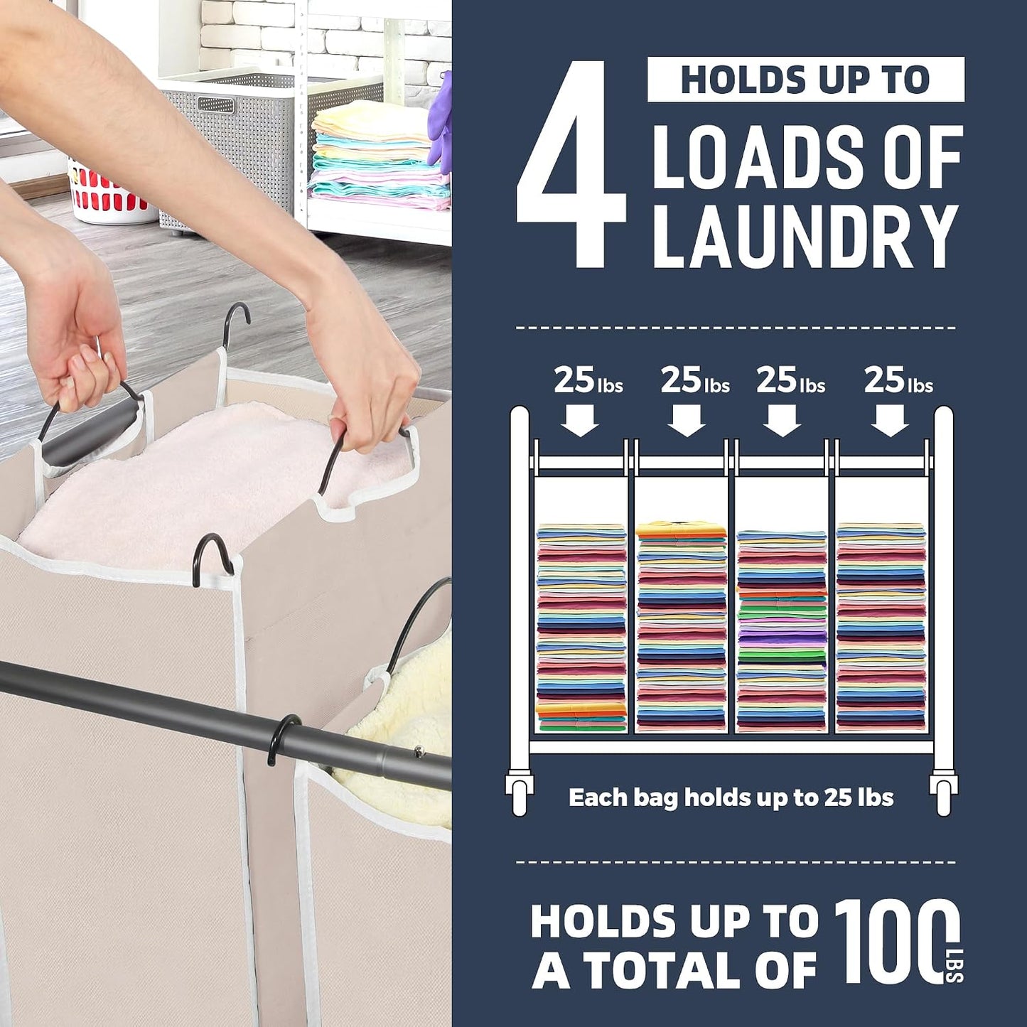 STO STO Laundry Sorter 3 Section, 3 Bag Clothes Hamper, Rolling Laundry Cart Basket with Heavy Duty Lockable Wheels and Removable Bag for Laundry Room, Bedroom, Closet, Black