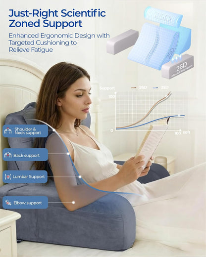 Kayfia Reading Pillow, 30-90° Stepless Adjust Angle & Height, Large, Grey | 2 in 1 Back Wedge Pillow for Bed Sitting up, Adjustable Headrest, Backrest Pillow for Reading/Gaming/Working in Bed or Couch