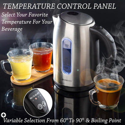 Mixpresso Electric Kettle Temperature Control, Hot Water Kettle Electric, Cordless 1 Liter Capacity, Keep Warm & LED Indicator, Auto-Shutoff, Boil-Dry Protection, Stainless Steel Electric Kettle