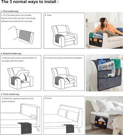 Bedside Caddy, Sofa Caddy, Storage Organizer Pocket for Dorm, Bedroom, 5 Pockets Felt Organizer for Magazine, Remote, Phone, Tablet, Pad, Glasses, Pen, Remote Control (Light Grey-Short)