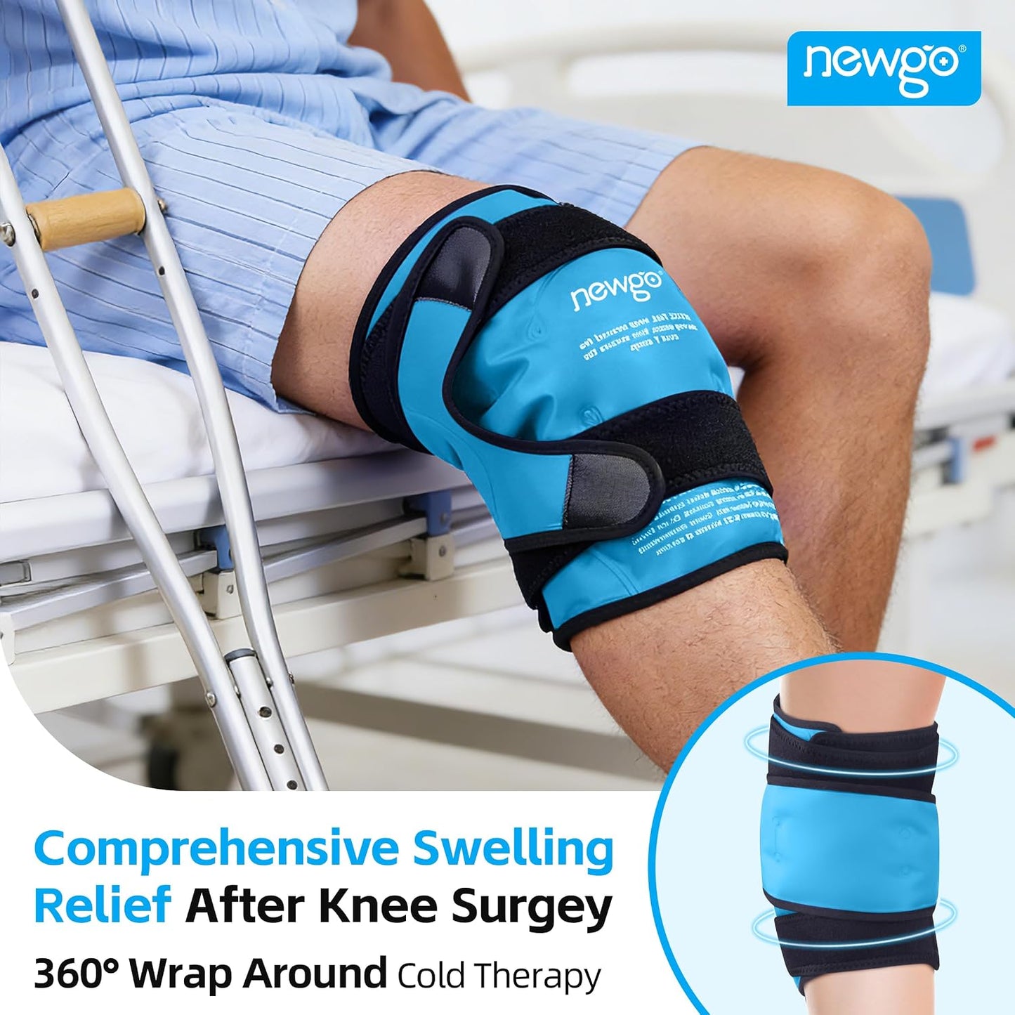 NEWGO Knee Ice Pack Wrap, 360° Full Wrap, Blue | Y-shaped Strap Stays Put, Reusable for Knee Replacement, ACL, Arthritis, Swelling, and Sports Injuries, 21.7" x 9.8"