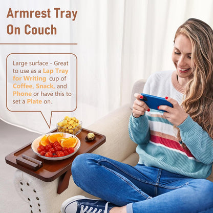 Couch Arm Tray,Bamboo Sofa Clip on Side Table,Foldable Couch Armrest Table with 360°Rotating Phone Holder,Anti Slip Food Trays for Eating/Drinks/Snacks/Remotes 15.35" x 9.85"