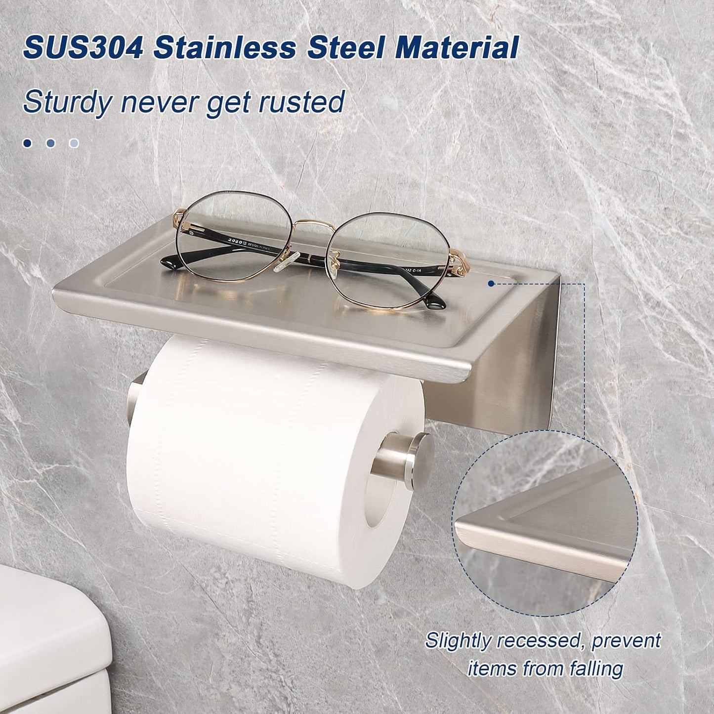 NearMoon Toilet Paper Holder with Shelf, Heavy Duty Bath Toilet Roll Holder with Phone Shelf Tissue Hanger for Bathroom/Kitchen No Drill or Wall Mounted(304 Stainless Steel, Brushed Gold)
