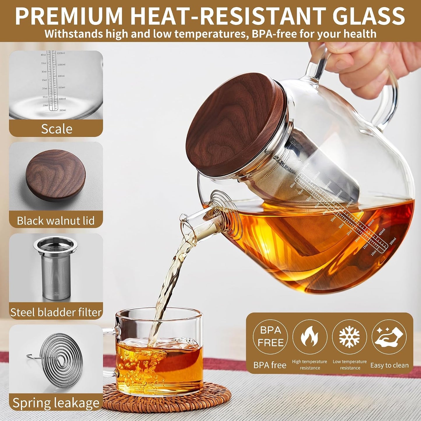 Glass Teapot with Infuser and Lid, 61oz/1.8L Large Borosilicate Glass Tea Pot with Removable Stainless Steel Strainer, Heat-Resistant Handle, Stovetop Safe Tea Kettle for Loose Leaf, Blooming Tea