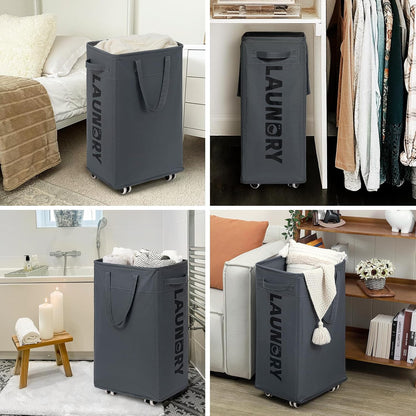 Goodpick 75L Laundry Basket with Wheels & Removable Wash Bag for Dorm | Rolling Laundry Basket with Handles for Dirty Clothes, Fodable Hamper for Laundry Room, Dorm Room Essentials, Grey