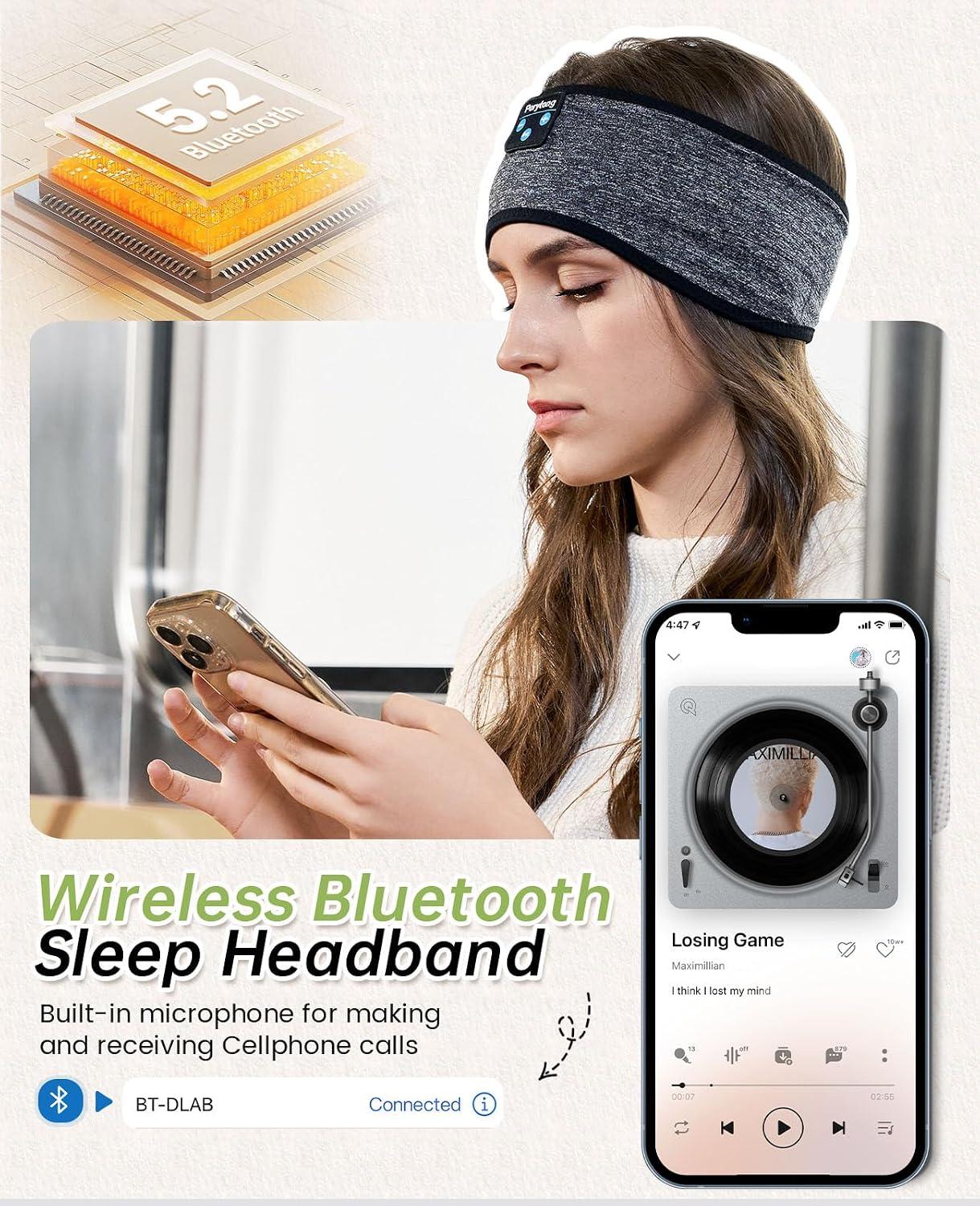 Perytong Sleep Headphones Bluetooth Wireless Sports Headband, Long Playtime Lightweight Headphones Hi-Fi Stereo Ergonomic ASMR Sleep Headphone Cool Gadget Gift for Men Women Black