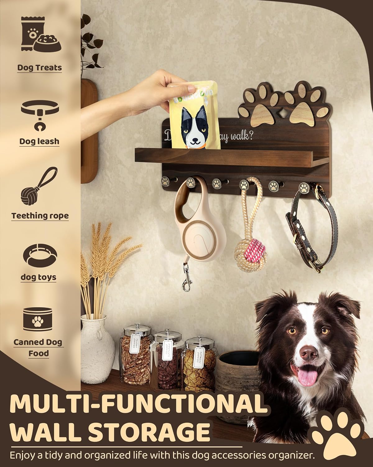 MTERSN Cute Dog Leash Holder for Wall for Pet Station Organizer, Brown