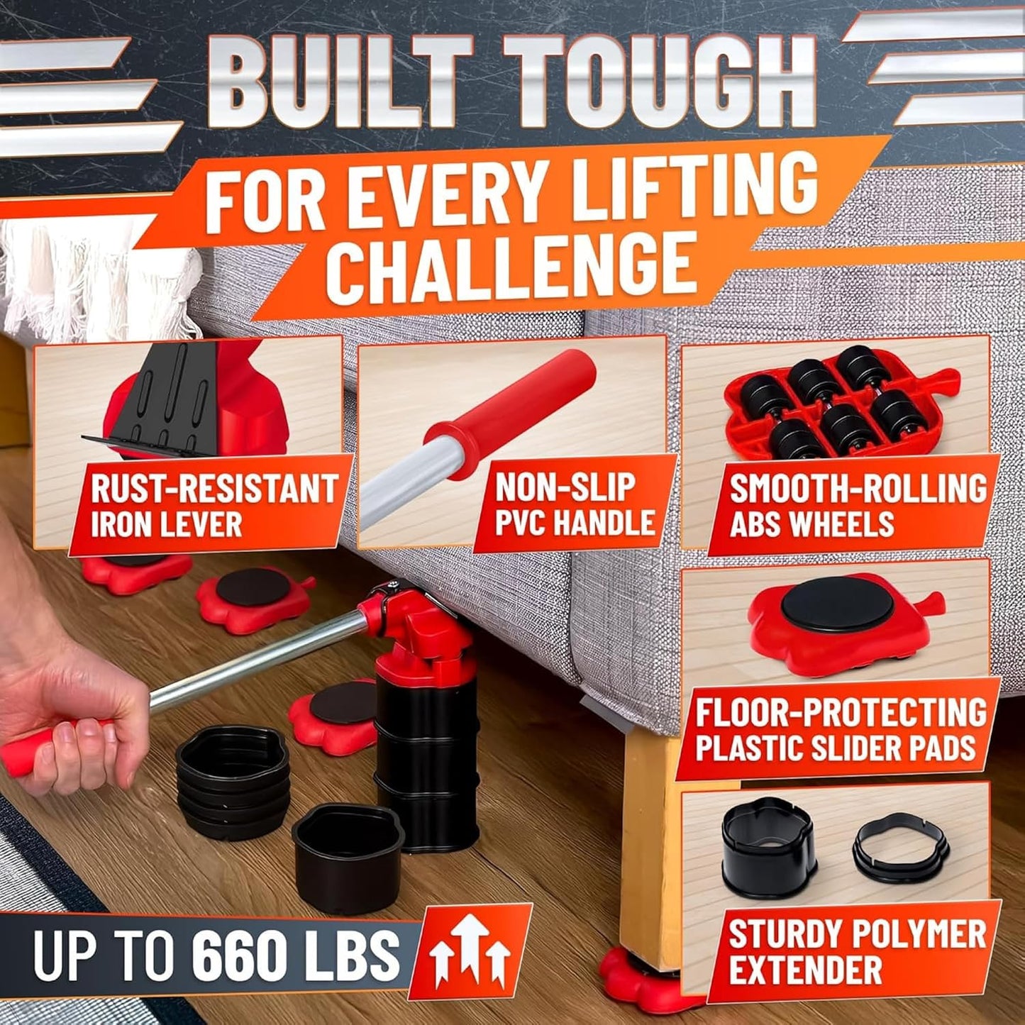 Furniture Lifter Tool with 4 Pcs Appliance Movers Sliders, 660 Lbs | Heavy Duty Furniture Moving Kit with Lifting Extender Included - Slides Refrigerators, Stoves, and Couches Across the Floor