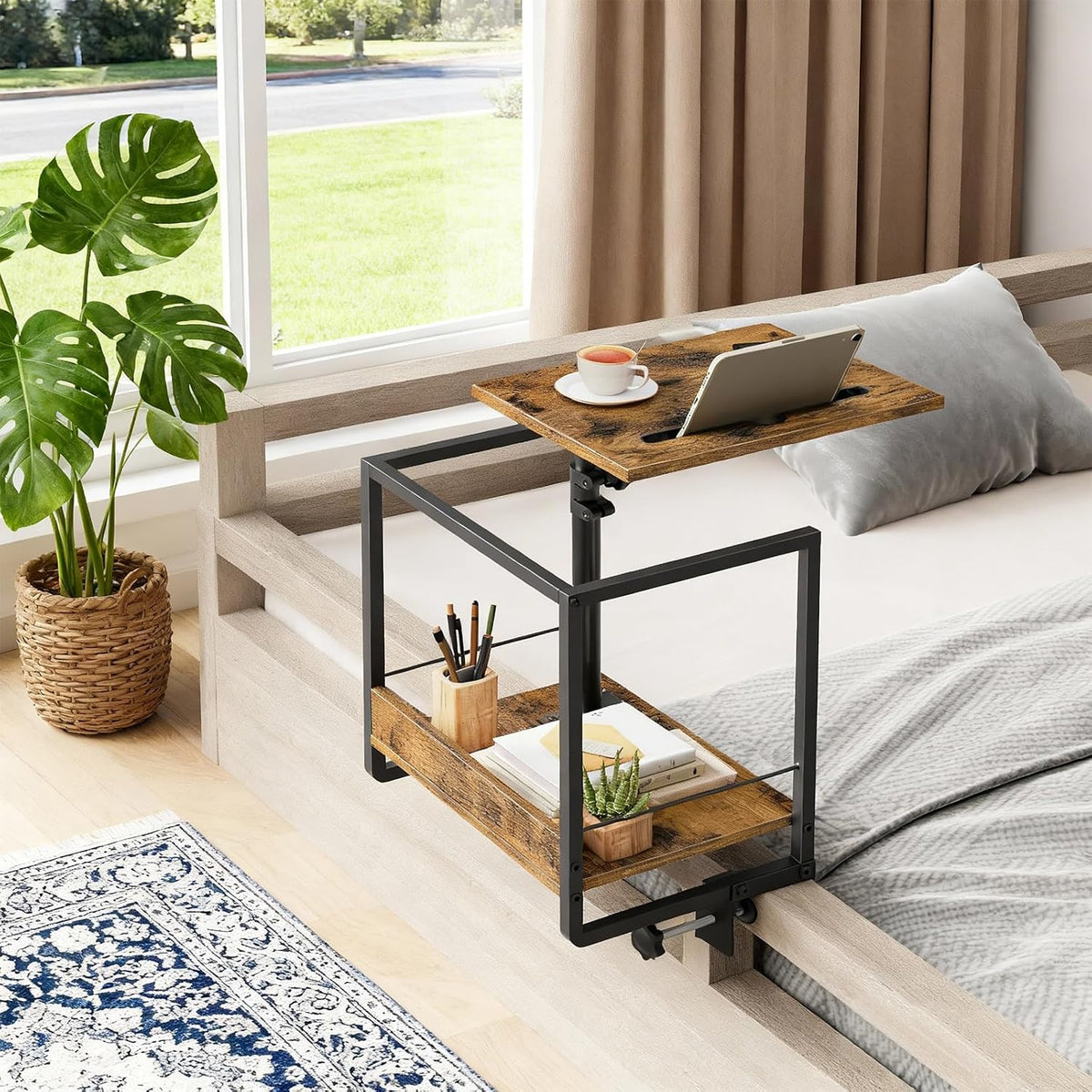 YATINEY Bedside Shelf, Bunk Bed Shelf with Storage and 360° Rotating, Clip-on Loft & Bunk Bed Tray Shelf, Nightstand for College Dorm Room, Apartment, Rustic Brown and Black ET21BR