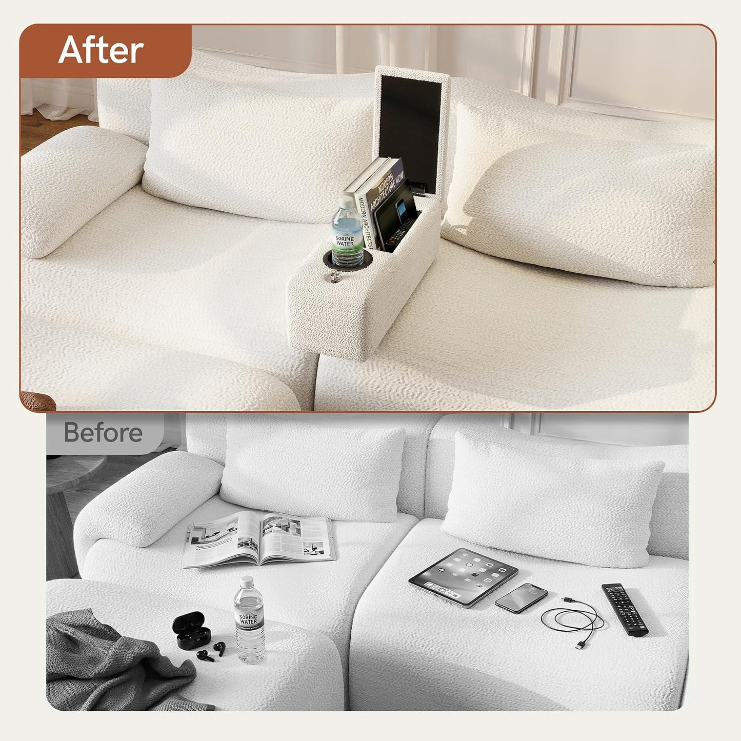 Couch Caddy with Cup Holder, 20.3 Inch White Armrest Console | Removable Sofa Armrest Organizer with Charging and Phone Holder, Storage for Remotes, Snacks and Everyday Essentials