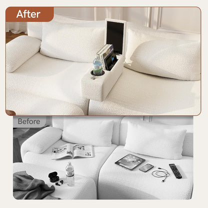 Couch Caddy with Cup Holder, 20.3 Inch White Armrest Console | Removable Sofa Armrest Organizer with Charging and Phone Holder, Storage for Remotes, Snacks and Everyday Essentials
