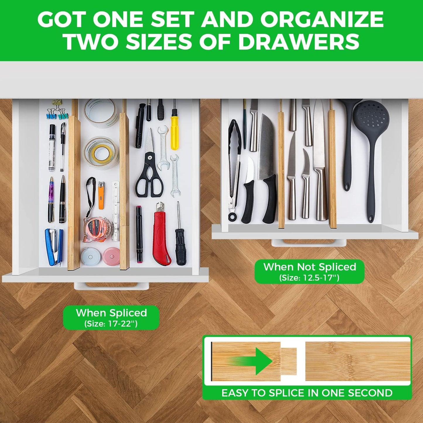 4 Pack Bamboo Drawer Dividers Organizer with Inserts 2.6'' High | Expandable from 12.5-21.7", Adjustable Drawer Organizer Separators for Utensils, Clothing, Office, Dresser, Bedroom, (Beige)