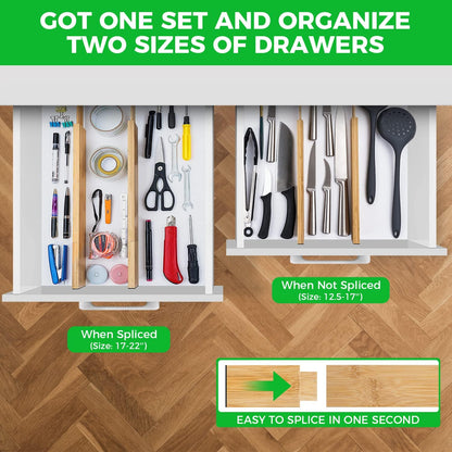4 Pack Bamboo Drawer Dividers Organizer with Inserts 2.6'' High | Expandable from 12.5-21.7", Adjustable Drawer Organizer Separators for Utensils, Clothing, Office, Dresser, Bedroom, (Beige)