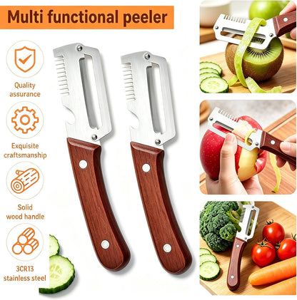 2 Pack Premium Vegetable Peeler with Wooden Handle and Bottle Opener,Stainless Steel Peeler,Vegetable Peeler for Kitchen, Peeling Fruits and Shredding Scallions