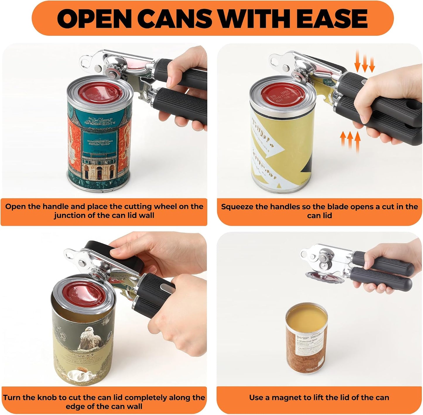 Can Opener Manual Stainless Steel with Magnet | Heavy duty,Oversized knob,Magnet lifts lids,Non slip grip,Bottle opener built in,Easy for arthritis