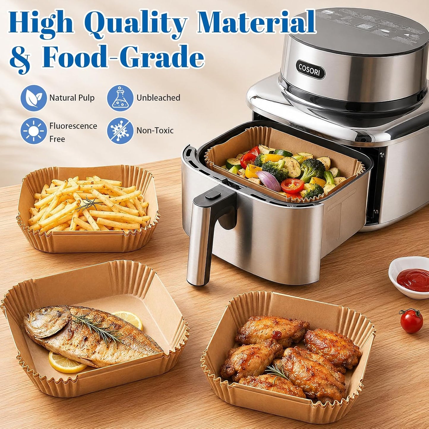 Silicone Air Fryer Liners for COSORI Iconic Stainless Steel 6.5 Qt 2 Pack | Square Reusable Non-Stick Basket Inserts for 6.5 QT Air Fryers, Dishwasher Safe, BPA-Free