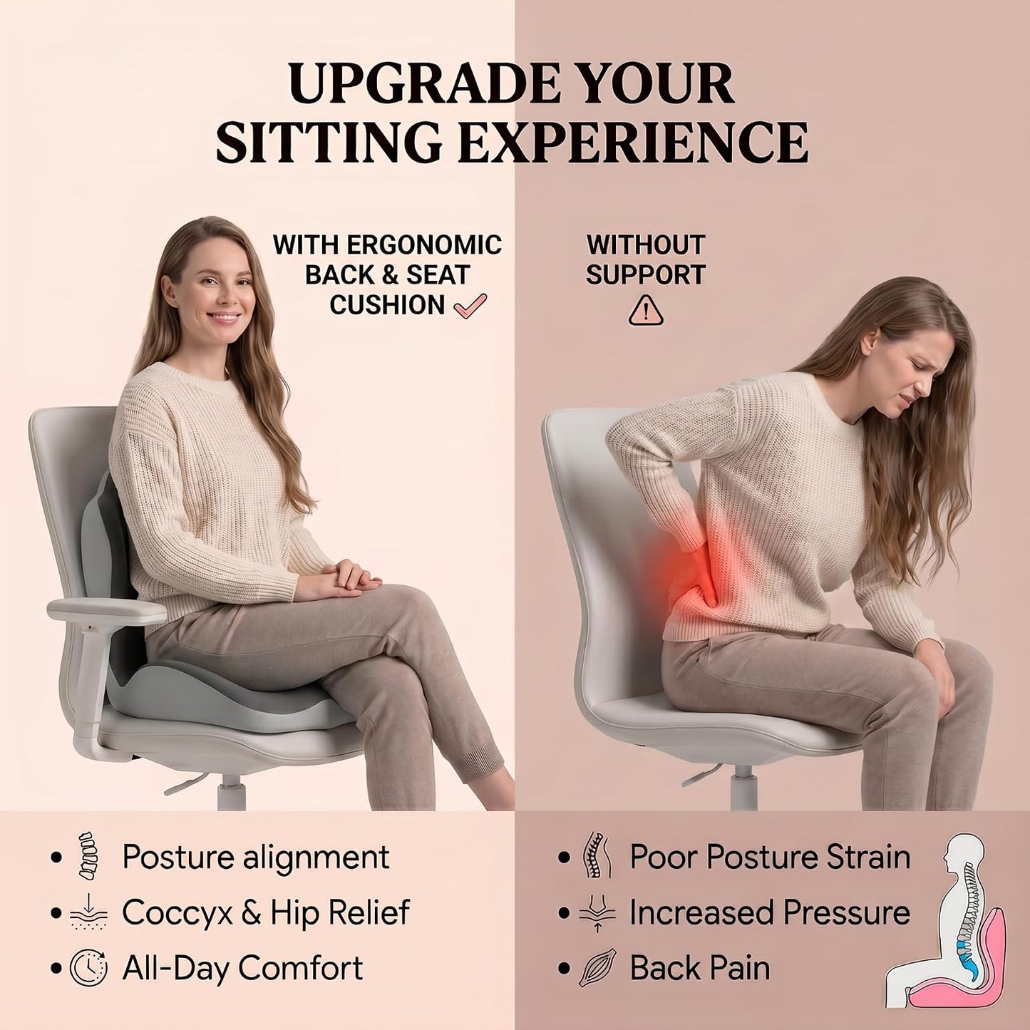 Ergonomic Seat Memory Foam Support Cushion for Back, Car Seat Back Support Cushion for Sciatica Tailbone Pain, Office Desk Chair Car Travel Seat Cushion (Pink)