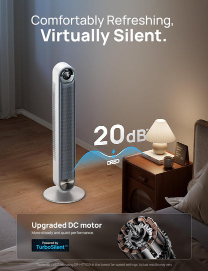 DREO Tower Fan for Bedroom, Upgraded DC 28ft/s Velocity, 20dB Quiet Fan | 9 Speeds Fans that Blow Cold Air, 90° Oscillating Cooling Fan, 4 Modes, 12H Timer Bladeless Standing Fan for Home, Black