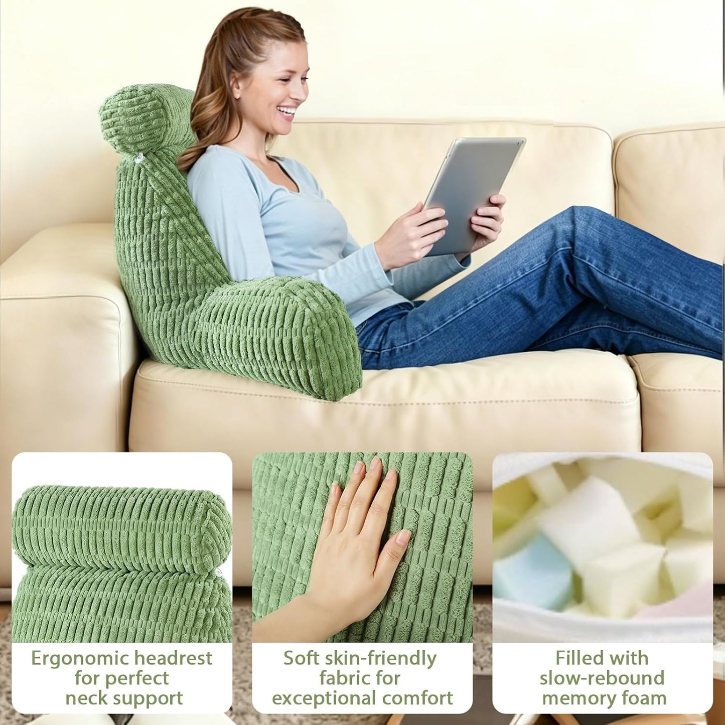 Reading Pillow for Bed, Back Rest Bed Pillow for Sitting Up(Green,Standard) | Back Support Pillows for Bed Sitting Up with a Cylindrical Pillow and Lumbar Pillow, Sitting Pillow for Bed Chair Pillow,18in