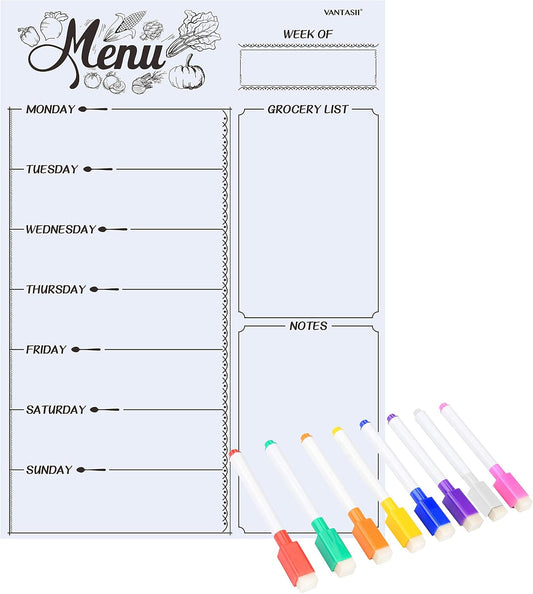 Magnetic Refrigerator Whiteboard,Weekly Menu, Meal Planner, Grocery Shopping List, Dry Erase Board, for Kitchen Fridge with 8 Color Magnetic Markers (16inchx12inch)