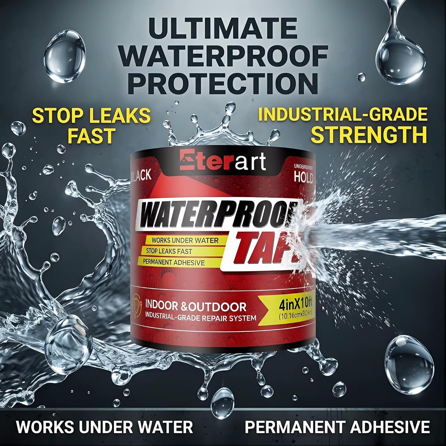 Waterproof Tape Black, Seal Repair for Roofs, Pool Liners & Pipes, 4"x10FT | Heavy Duty Rubberized Active Leaks, - All-Weather Emergency Patch Tool for Homeowners & Campers, Easy to Apply, Durable