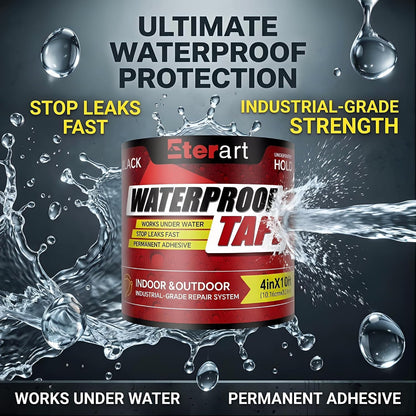 Waterproof Tape Black, Seal Repair for Roofs, Pool Liners & Pipes, 4"x10FT | Heavy Duty Rubberized Active Leaks, - All-Weather Emergency Patch Tool for Homeowners & Campers, Easy to Apply, Durable