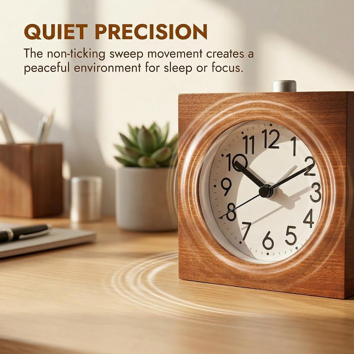 Wooden Analog Alarm Clock Silent Battery Operated with Night Light